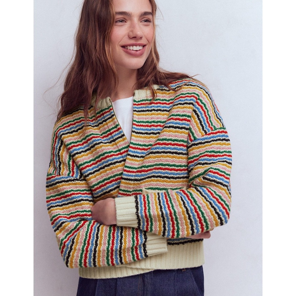 Boden Maya Zip Up Jacket Womens 10 Oversized Wool Blend Rainbow Stripe Sweater - Picture 2 of 10